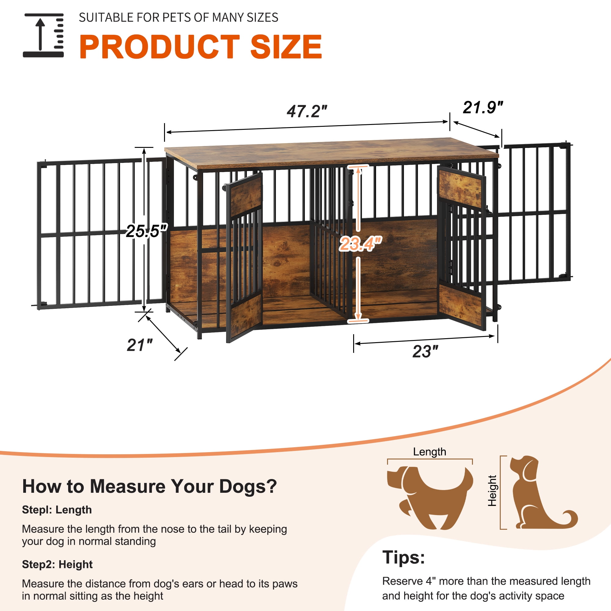 Dog Crate Furniture with Storage Top and Wooden Frame, Large Indoor Pet Kennel and Dog Cage for Living Room Bedroom, Antique Brown