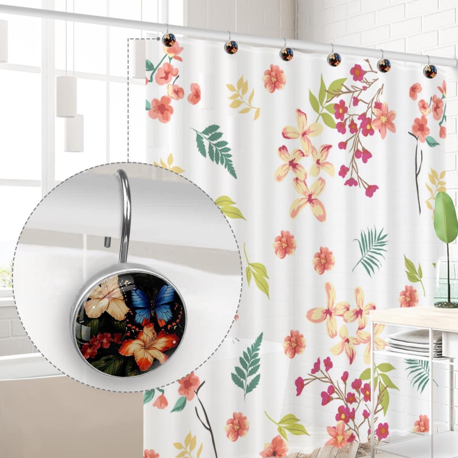 Blue Butterfly on Tropical Hibiscus Leave Shower Curtain Hooks Round Crystal Glass, Set of 12 Shower Curtain Rings - Shower Hooks for Curtain Shower Rings