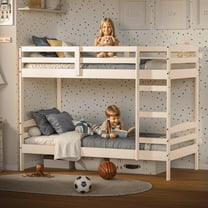 Bunk Bed Twin Over Twin, Pine Solid Wood Detachable Bed Frame with High Guardrails & Integrated Ladder, Wooden Slatted Bunk Bed for Teens & Adult, No Box Spring Needed, White