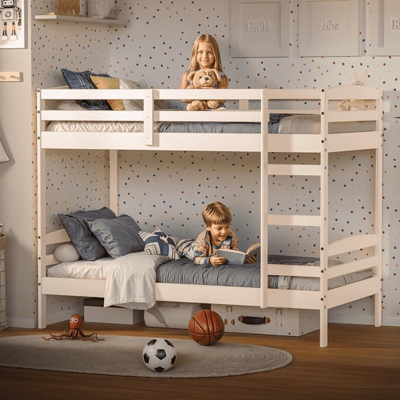 Bunk Bed Twin Over Twin, Pine Solid Wood Detachable Bed Frame with High Guardrails & Integrated Ladder, Wooden Slatted Bunk Bed for Teens & Adult, No Box Spring Needed, White