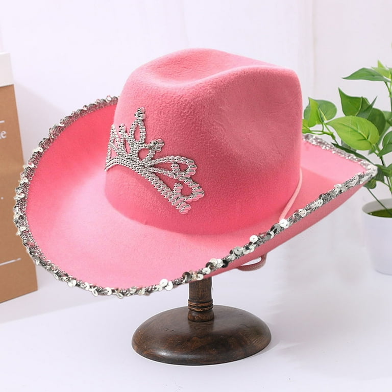 Travelwant Pink Cowboy Hat for Girls Sparkly Cowgirl Hat with Sequins and a Dazzling Tiara Cute Cowgirl Birthday Party Hat for Girls Fun Shiny