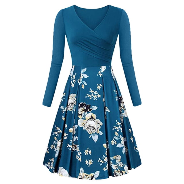 SMihono Robe Maxi Bohème d'Été pour Femmes Grande Taille Robe de Mode Élégante Ligne A Manches Longues Col en V Imprimé Floral Robe de Plage