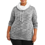 Juniors' Plus Sherpa Lined Brushed Hacci Funnel Neck Pullover