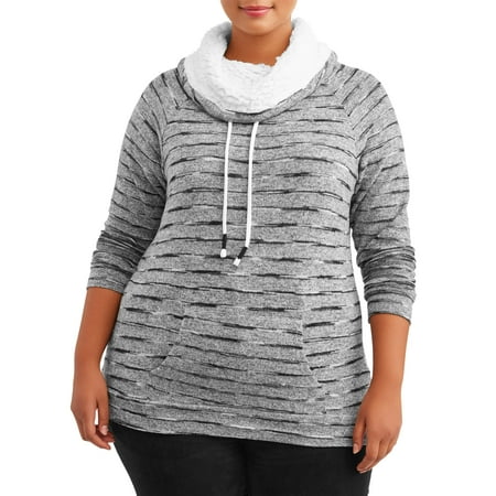 Juniors' Plus Sherpa Lined Brushed Hacci Funnel Neck Pullover