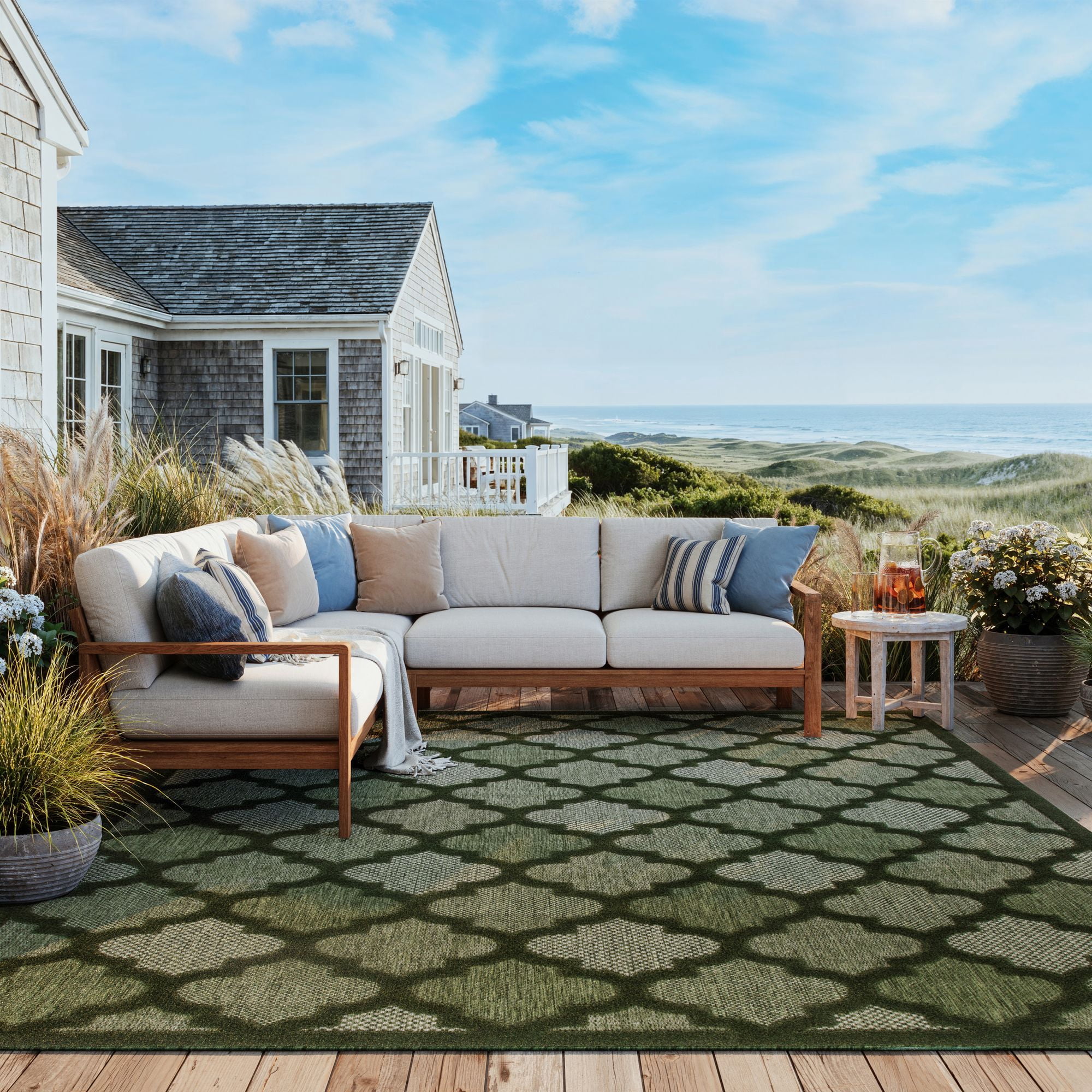 Nourison Easy Care Trellis Flatweave Indoor Outdoor Area Rug 9' x 12' Green