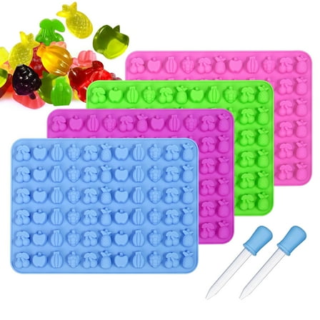 4-Pack Silicone Fruit Snack Molds with 5 Mini Shapes (Cherry, Grape, Apple, Banana, Pineapple) – Reusable Candy & Chocolate Molds for Baking, Gummies, DIY Treats (21x15x1.3cm)