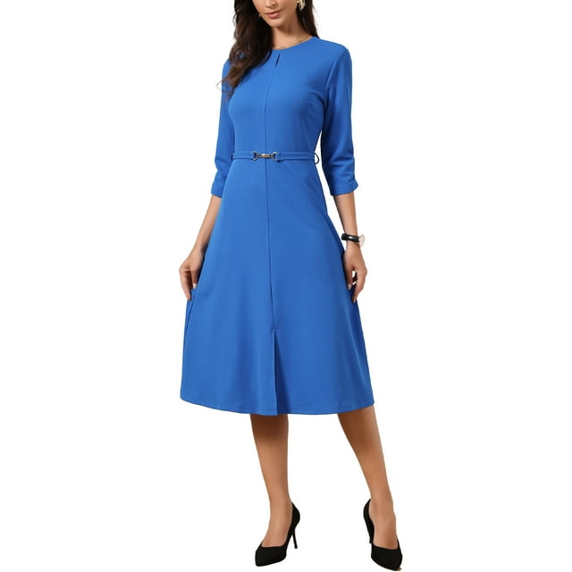 Vestido de oficina A-Line con cuello en forma de llave y mangas 3/4 para mujer con cinturón L azul real
