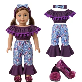 AmaMary 18 Inch Doll Clothes with Shoes & Headband - Boho Off-Shoulder Top & Bell-Bottom Pants Set, Trendy Summer Playwear Outfit for Girls, Birthday Christmas Gift