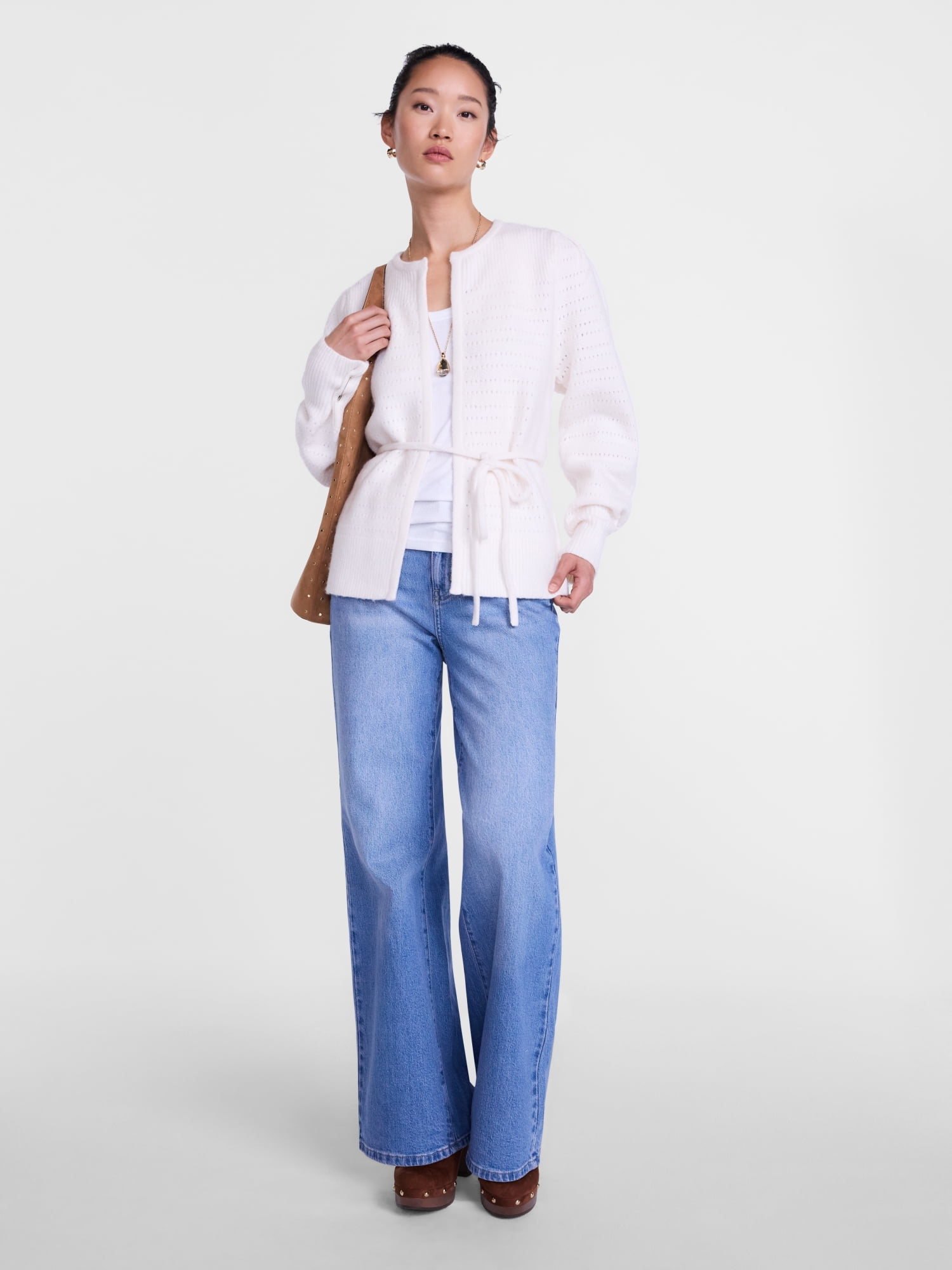 Scenario Women's and Women's Plus Open Tie Cardigan Lightweight Sweater with Long Sleeves, Sizes XS-4X