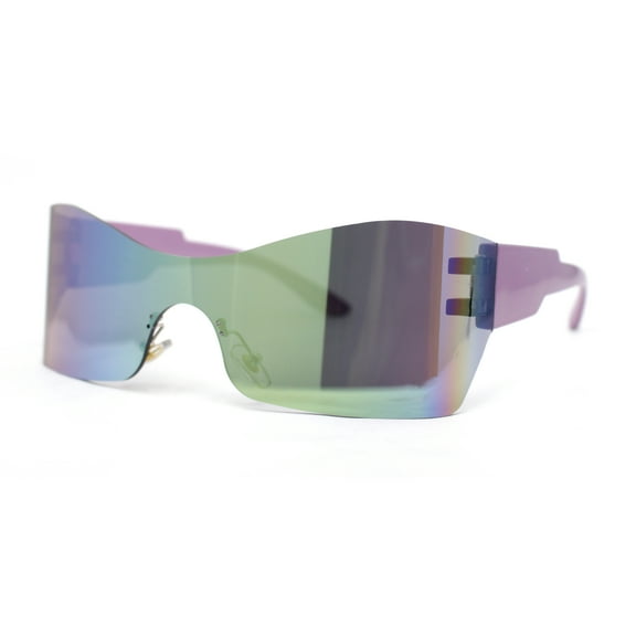 Womens Wrap Rimless Shield Plastic 80s Color Mirror Sunglasses Purple - Yellow Mirror