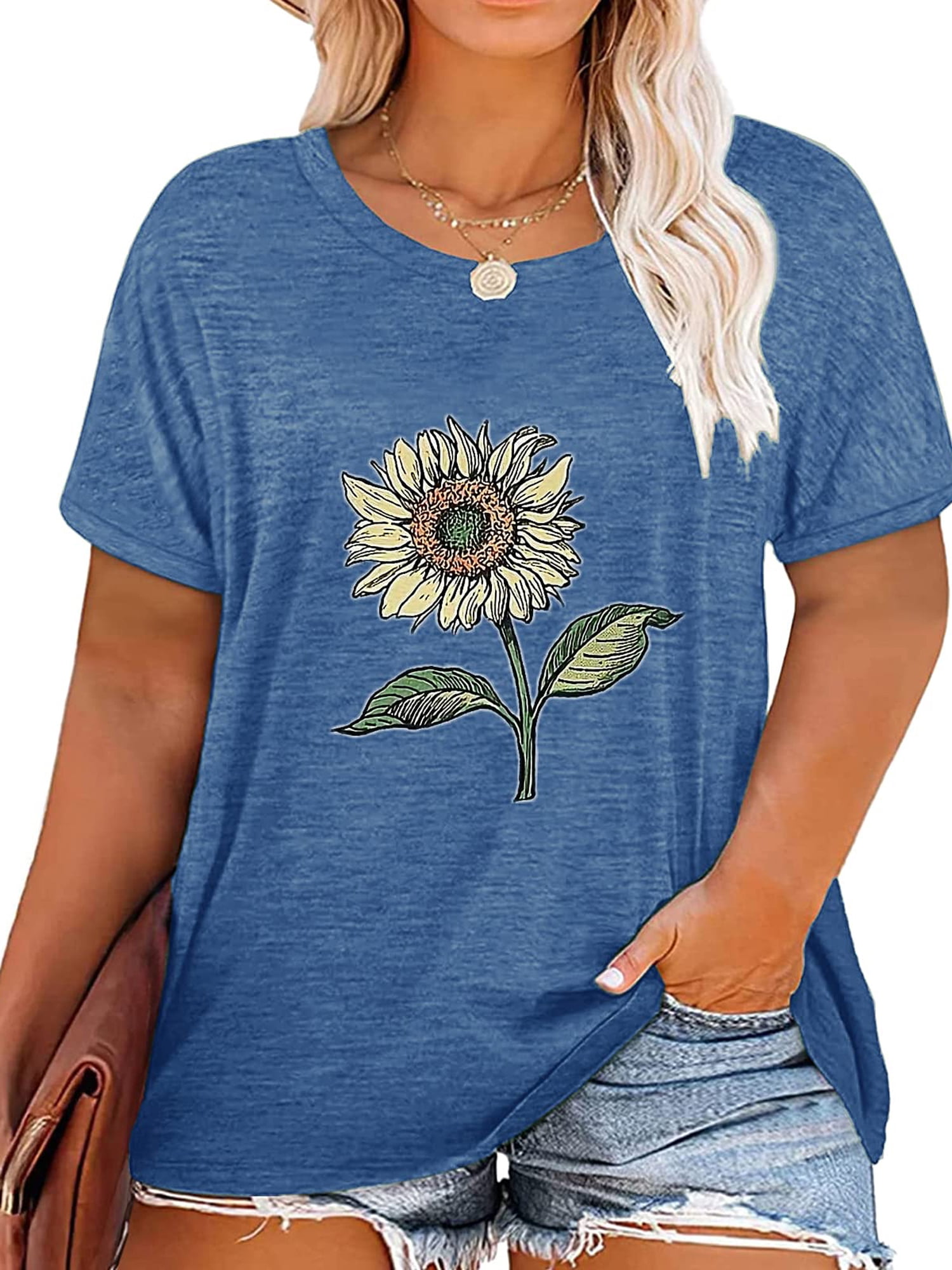 Anbech Sunflower Shirts for Womens Plus Size Short Sleeves T-shirt ...