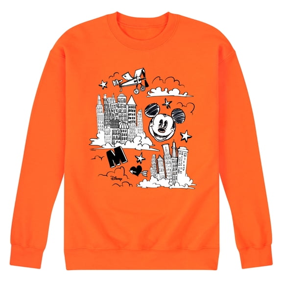 Disney - Mickey Mouse - Skyscraper, Airplanes, & Clouds Sketch - Men's Crew Neck Fleece Pullover