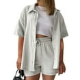 thumbnail image 4 of WAYUTE Shorts Sets Women 2 Piece Outfits Solid Color Short Sleeve Button Shirt and Casual Shorts Comfortable Casual Travel Summer Outfit, 4 of 6