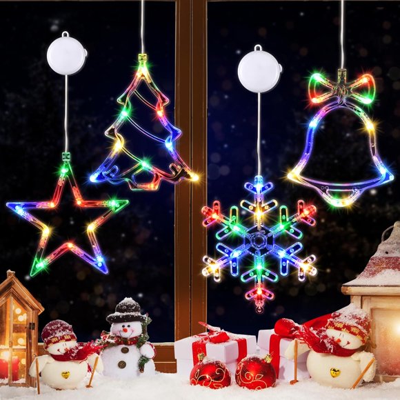 4 PCS Christmas Window Lights with Timer Function，Multicolor Christmas Window Decorations Jingle Bell Snowflake Xmas Tree Star Lights with Suction Cup,Christmas Lights Decorations Indoor