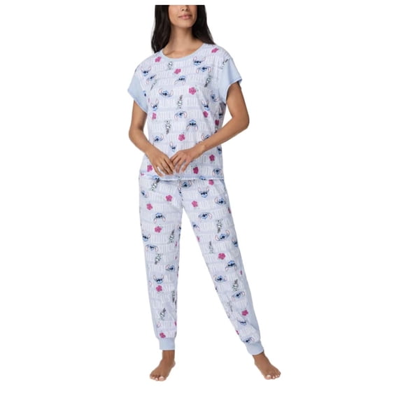 Disney Women's 2 Piece Ribbed Lounge Pajama Set, Tee and Jogger Pant (US, Alpha, Medium, Regular, Regular, Stitch (Blue))