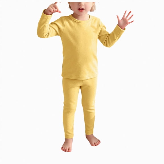 Enyan Kids Thermal Underwear Set Long Thermal Underwear Fleece Lined Base Layer Set for Girls Boys Yellow,6-12 Months
