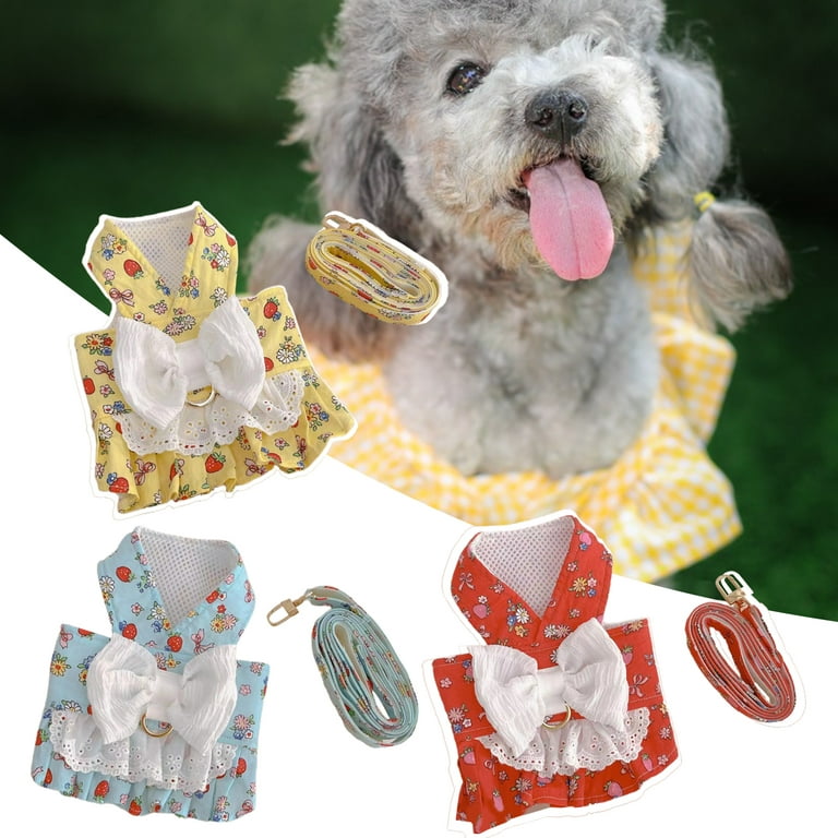 Cute Floral Small Pet Girl Dog Dresses Harness and Lead Puppy Cat