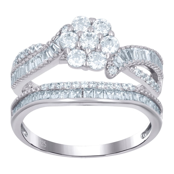 925 Sterling Silver Womens Baguette Cubic Zirconia Flower Duo Ring Set 6.8x4mm Wide Size 8 Ring for Women