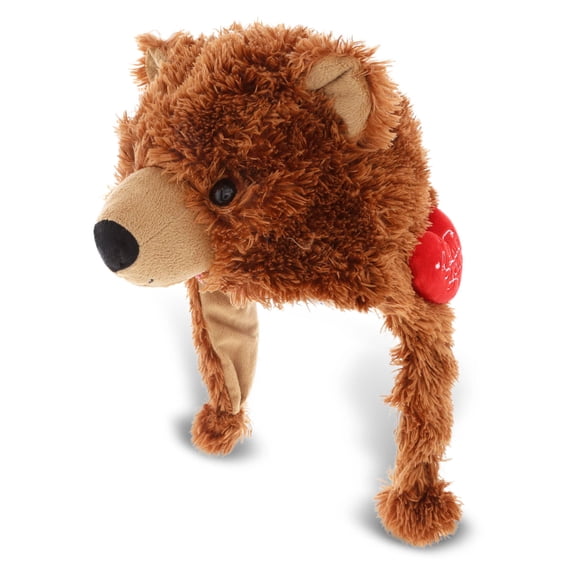 DolliBu I LOVE YOU Super Soft Plush Grizzly Bear Hat - Stuffed Animal with Red Heart For Valentine, Anniversary, Romantic Date, Costume Wild Life Plush Hat Gift For Boyfriend or Girlfriend - 16"
