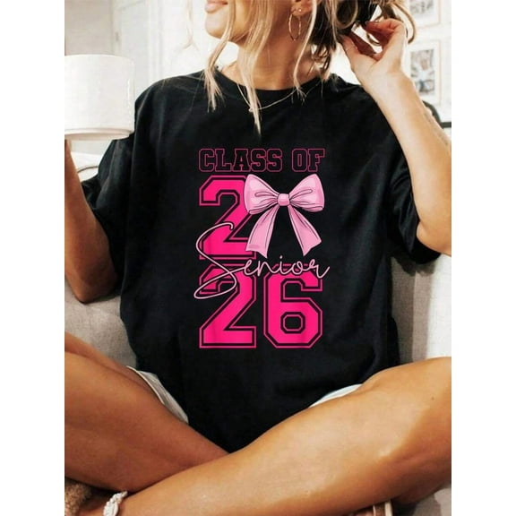 100% Cotton Senior 2026 Class Of 2026 Coquette Pink Bow Graduation 2026 T-Shirt Print T-Shirt Casual Crew Neck Short Sleeve Comfort Tee Top For Spring & Summer Women's Clothing