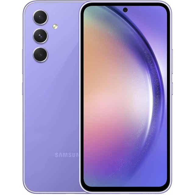 samsung galaxy a54, pantalla de 6,4" y 120 hz | 5g + 4g lte (128 gb + 6 gb) gsm, desbloqueado, versión internacional, dual sim | nuevo Samsung Galaxy A54 Violeta Impresionante, vista frontal y trasera centrada. Pantalla Super AMOLED de 6.4" con orificio de cámara frontal superior central y bordes delgados; trasera mate con tres lentes verticales y flash LED. Silueta delgada y logotipo Samsung en la parte baja trasera.