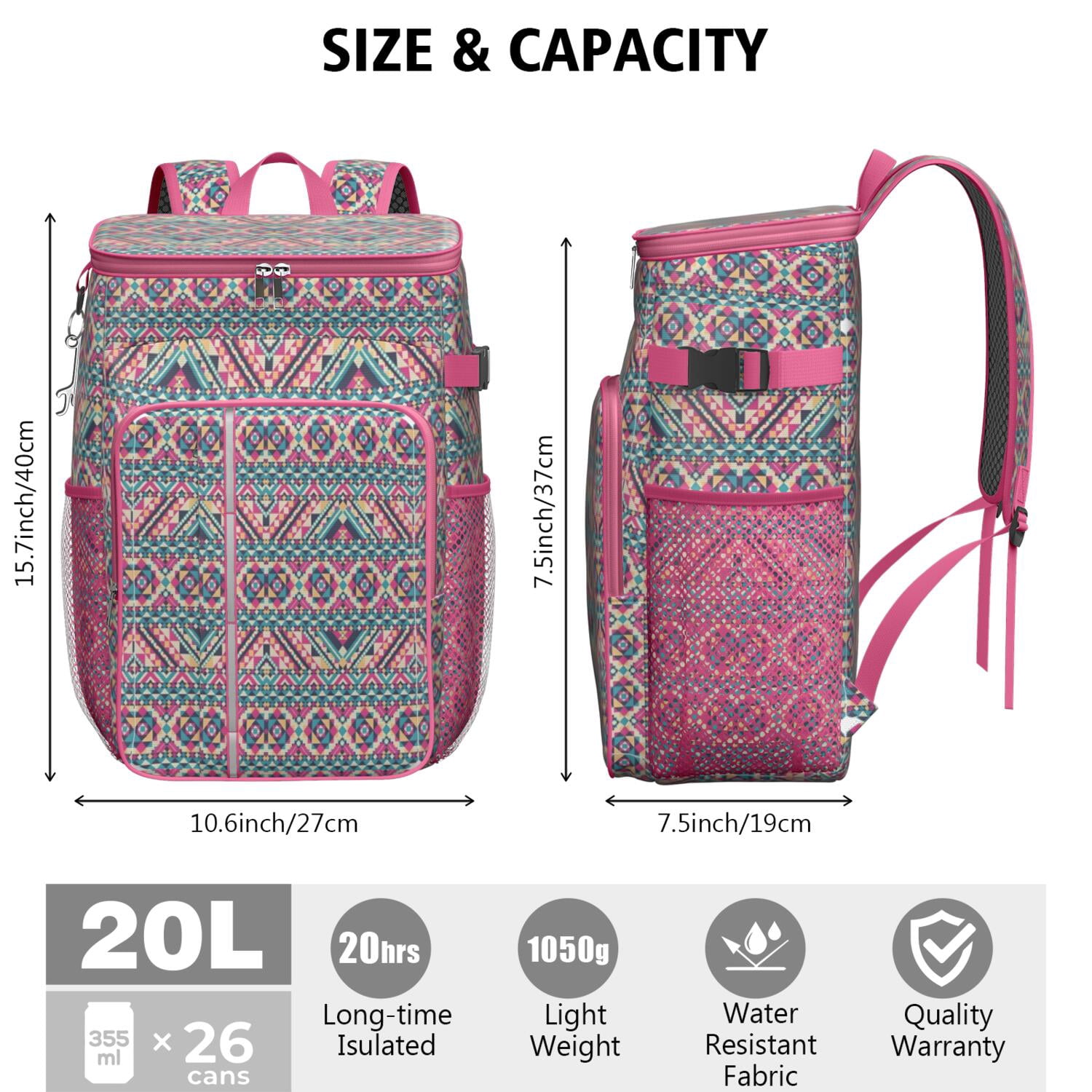 Travel Cooler Bag - Boho Bohemia Pioneer Flower Geometric Line Art Camping Beer Cooler Backpack with Bottle Opener- Waterproof Insulated Picnic Backpacks - Cooler Bag for Beach