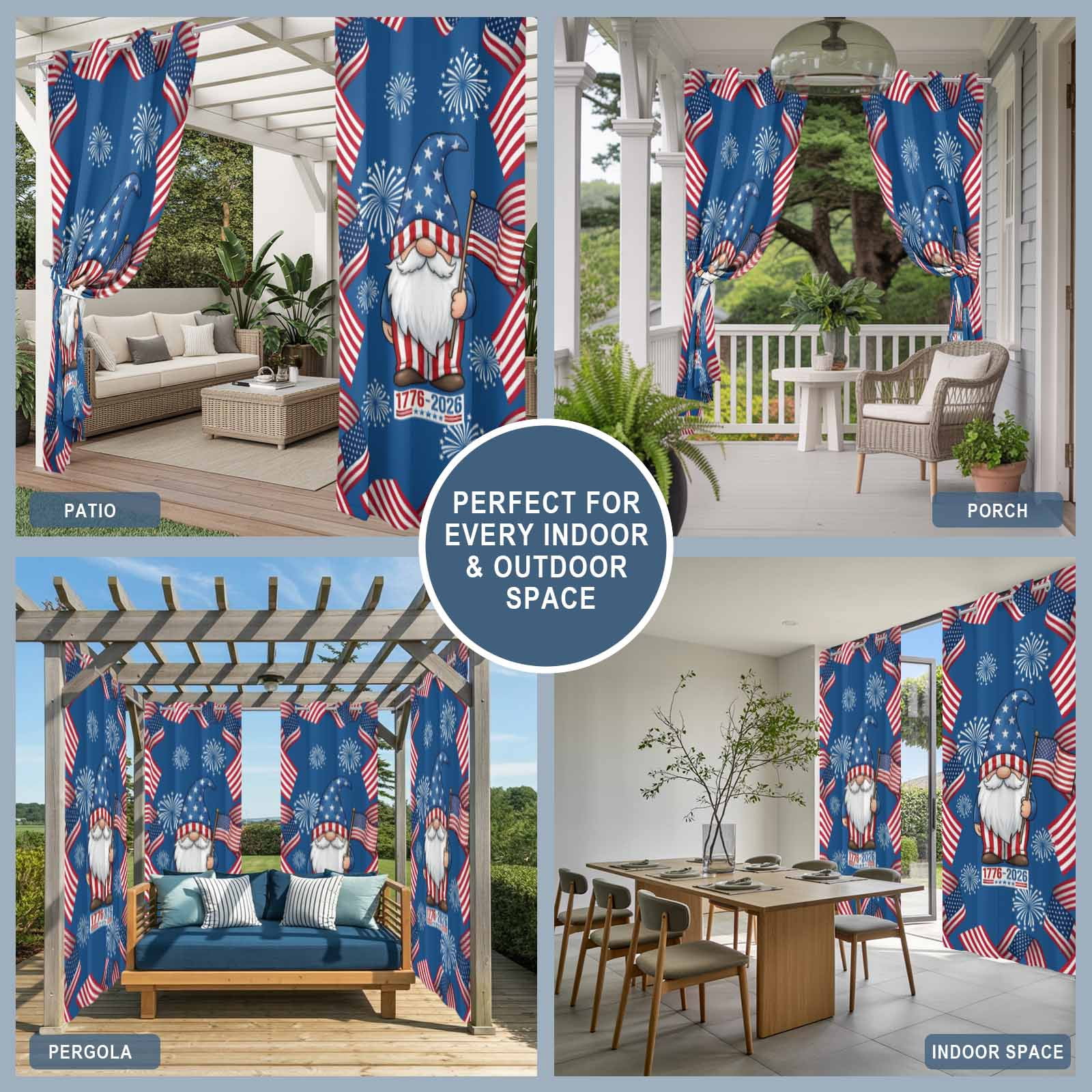 Independence Day Outdoor Curtains for Patio, U. S. Flag Cartoon Gnome Graffiti Firework Sunshade Privacy Drapes Grommet Waterproof Outside Curtains for Porch/Cabana/Balcony 54"x 108", 1 Panel