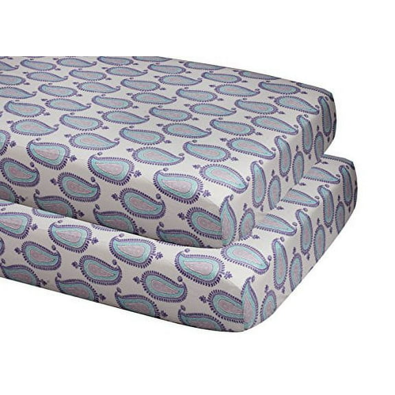 Bacati - Paisley Floral 100 Percent Cotton Percale 2 Pack Crib/Toddler Bed Fitted Sheets (Aqua/Lilac/Purple Paisley)