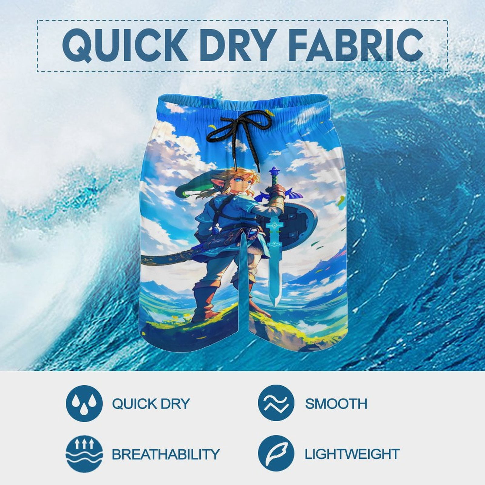 The Legend of Zelda Men's Shorts Quick Dry 3D Printed Beach Men's Swim Trunks with Pockets Mesh Lining Bathing Beachwear M