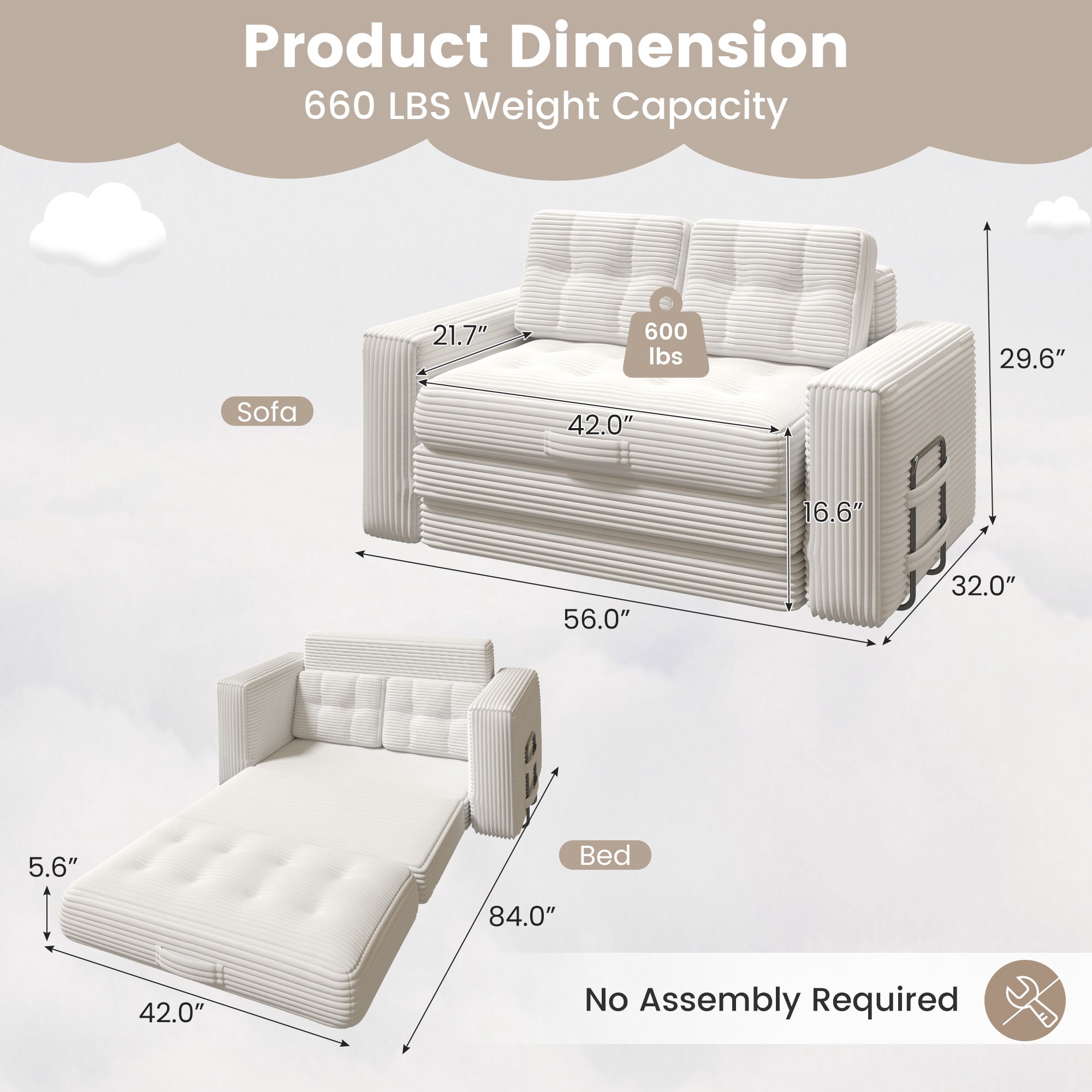 Erinnyees 2-in-1 Sleeper Sofa, No Assembly Corduroy Loveseat, Converts to Bed with Deep Seat & 2 Included Pillows