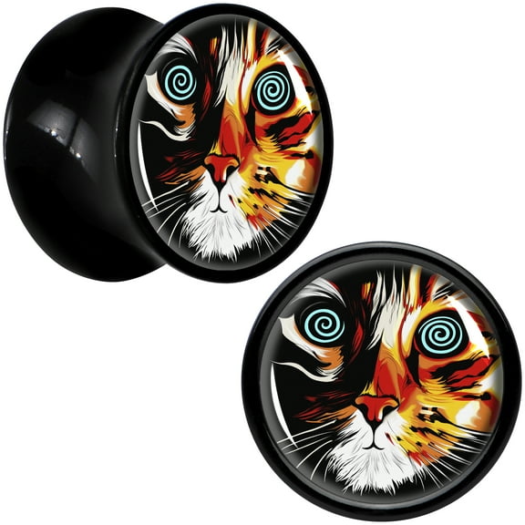 Body Candy 00 Gauge Colorful Trippy Cat Black Acrylic Saddle Plug Set of 2pc