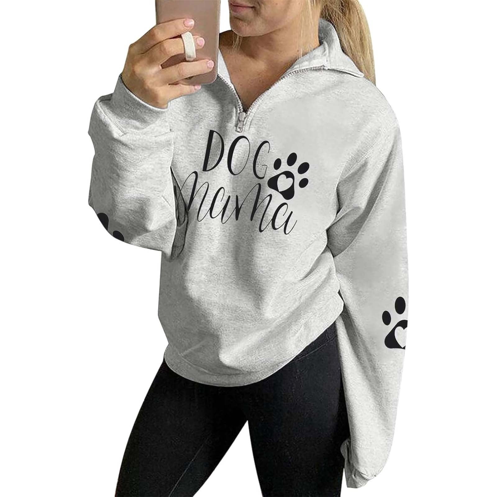 Womens Quarter Zip Loose Fit Pullovers Trendy No Hood Sweatshirts Long Sleeve Dog Mama Letter Printed Tshirts Causal Fall Going out Graphic Tee Tops Light Gray 0722*sweatshirts XL