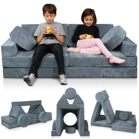 Lunix LX15 14-Piece Modular Kids Play Couch, Memory Foam Sofa, Convertible Toddler Furniture, Gray