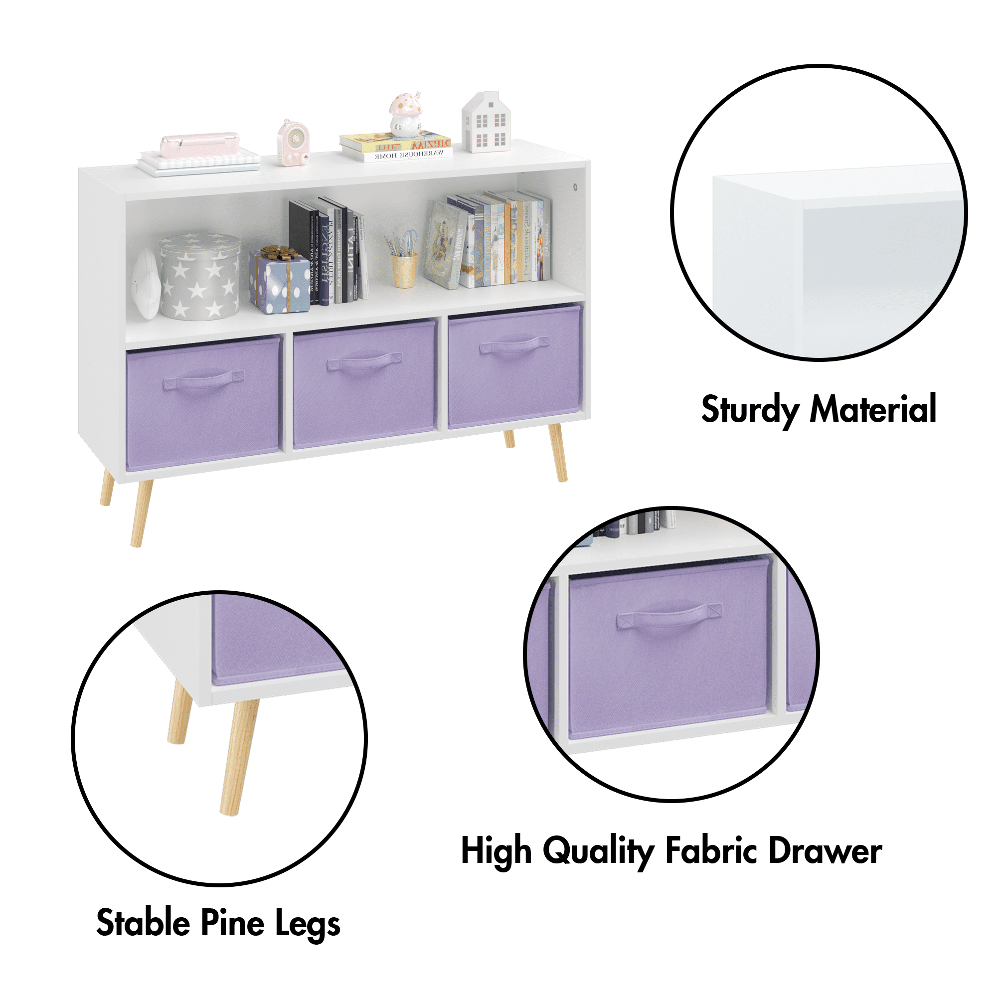 Aukfa Kids Bookcase with 3 Collapsible Drawers, Display Stand Toy Storage Organizer for Bedroom/Playroom,Purple