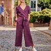 thumbnail image 1 of Pantalon Large pour Femmes Combinaison à Poches Manches Courtes Col en V Ceinture Ample, 1 of 8