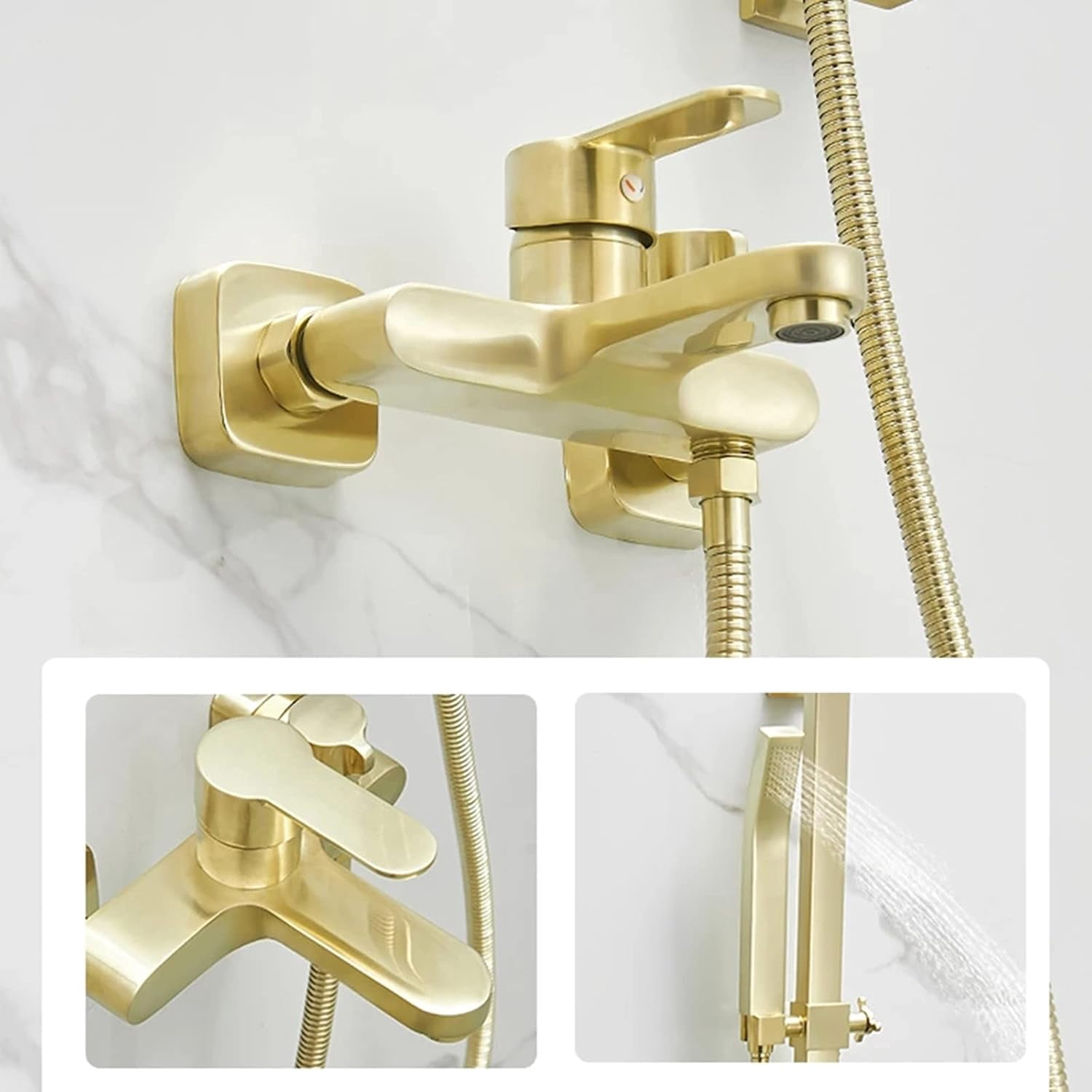 Brushed Gold Bathtub Faucet with Brass Handheld Shower Head, Wall Mounted Single Handle Tub Faucet with Liftable Shower Rod