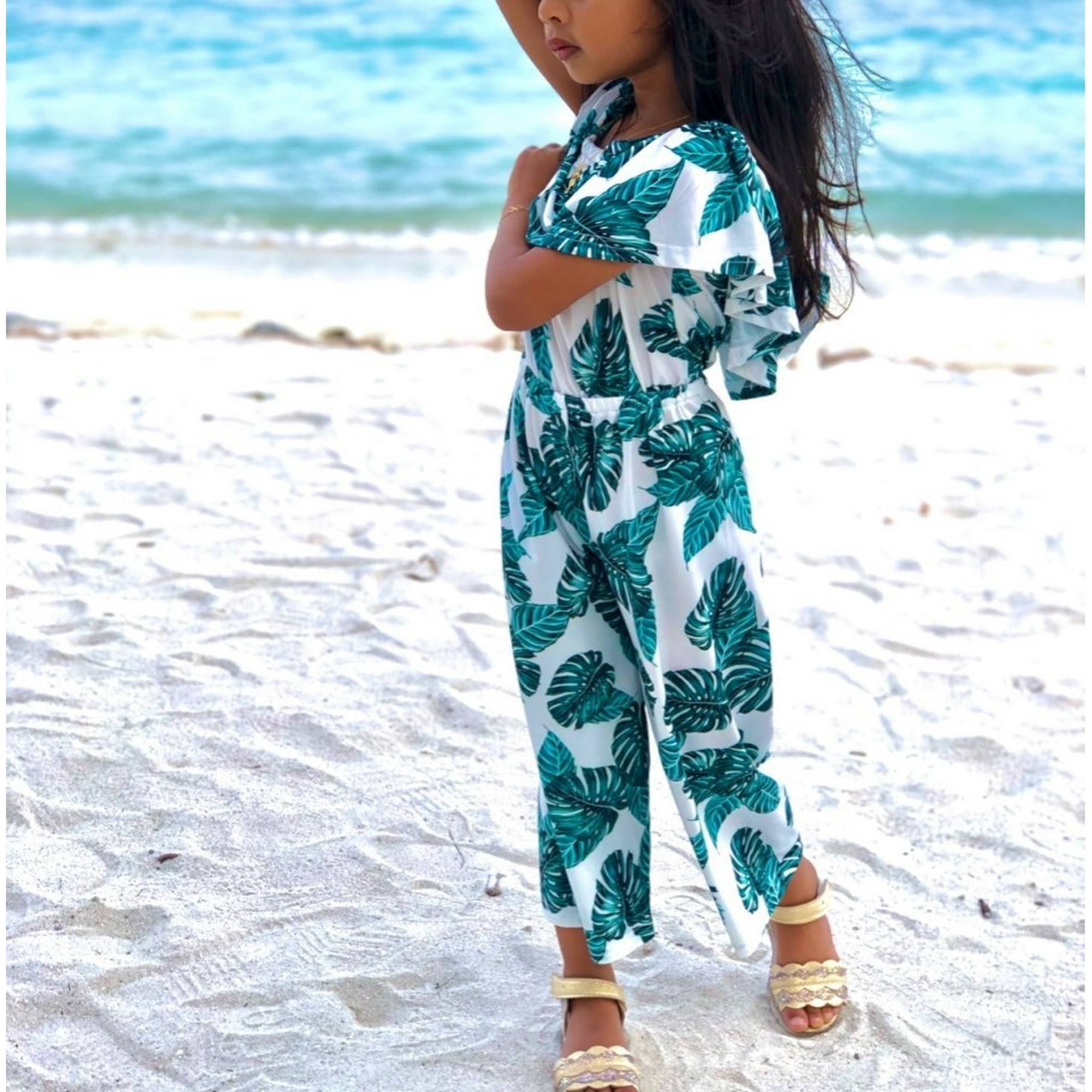 Toddler Kids Little Girls Palm Leaf Wide Leg Jumpsuit Ruffle Off