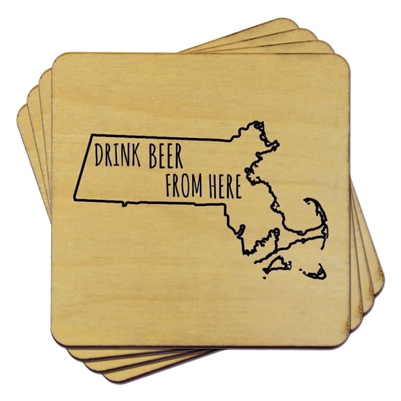 Torched Massachusetts Map Coasters (Set of 4) Drink Beer Coaster 4″x4″ Brown