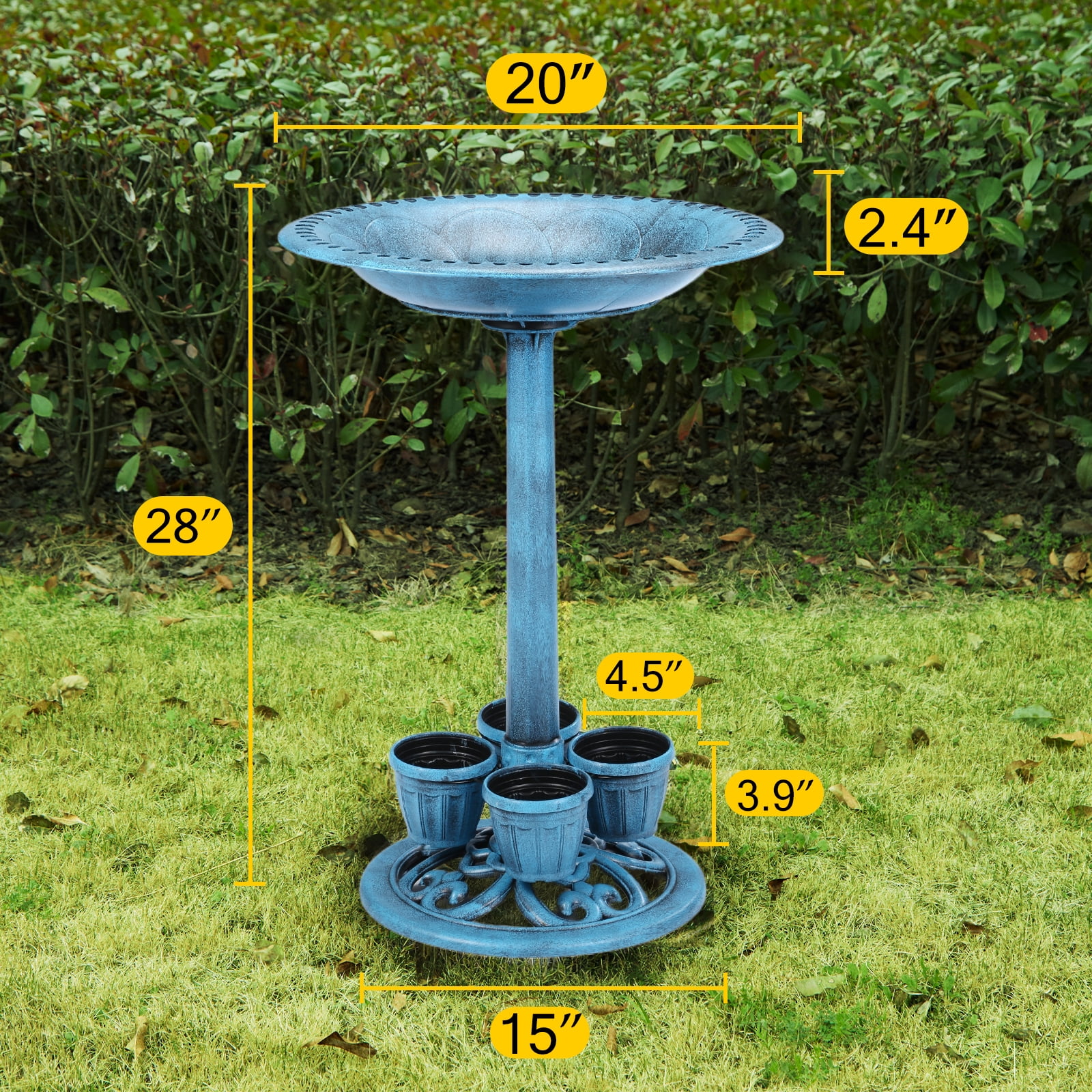 (2 pack) OBENSKY Bird Bath With 4 Planters 28" Height Pedestal Antique Outdoor Garden Decor Vintage Yard Art (Blue)