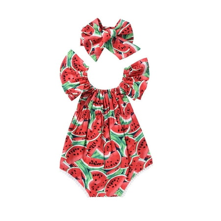 

FOCUSNORM Baby Girls Romper Watermelon Bodysuit Jumpasuit+Headband Outfits