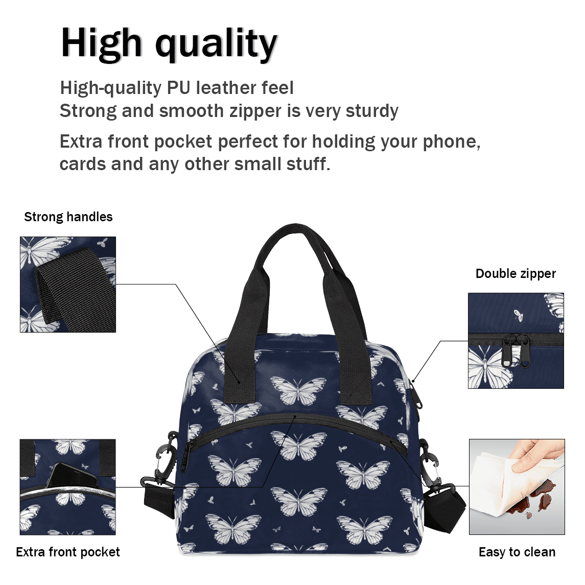 Herdesigns Butterfly Insulated Lunch Bag for Women Men Adults Large Reusable Lunch Box Butterfly Print Leakproof Cooler Tote Bags with Adjustable Shoulder Strap