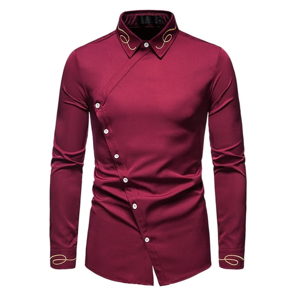 Yuhangmm Men's Western Denim Shirt with Embroidered and Asymmetrical Long Sleeve Design Red XXL