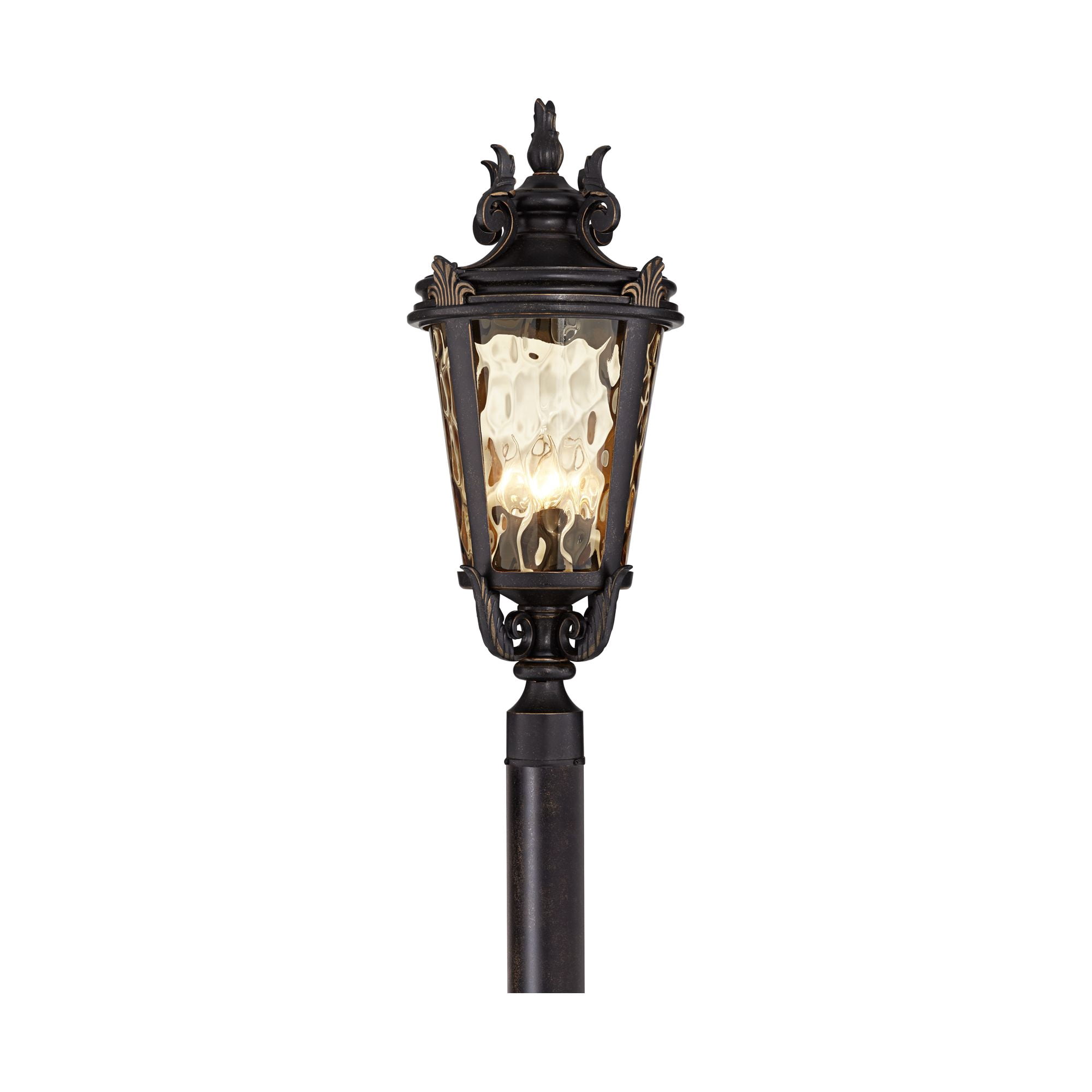 John Timberland Casa Marseille Rustic Vintage Outdoor Post Light Veranda Bronze Scroll 28" Champagne Hammered Glass for Exterior Barn Deck House Home