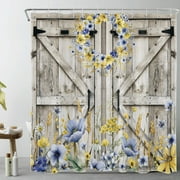Farmhouse Barn Door Shower Curtain for Bathroom,Blue and Yellow Floral Wreath on Rustic Vintage Wood Fabric Shower Curtain with Hooks,Western Country Bathroom Curtain Shower Set, 69x70 inches