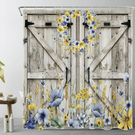 Farmhouse Barn Door Shower Curtain for Bathroom,Blue and Yellow Floral Wreath on Rustic Vintage Wood Fabric Shower Curtain with Hooks,Western Country Bathroom Curtain Shower Set, 69x70 inches