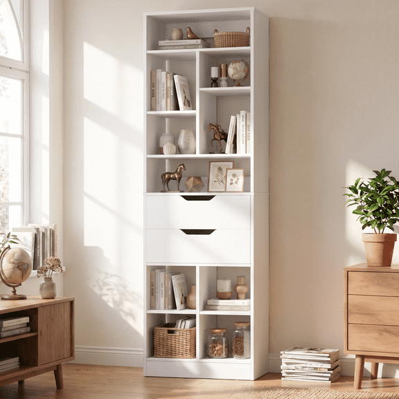 Homieasy Tall Closet Organizer with 2 Drawers, 79.7" Narrow Freestanding Storage Cabinet, Space-Saving Wood Garment Organizer for Bedroom, Entryway,White