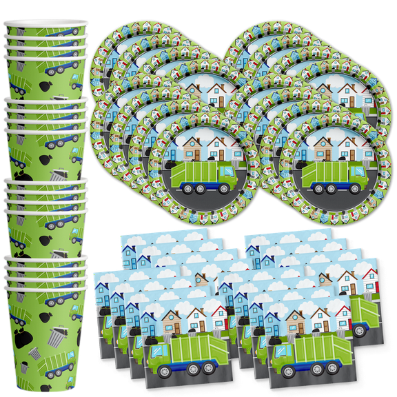 Birthday Galore Green Garbage Trash Truck Party Supplies Set Plates Napkins Cups Tableware Kit for 16
