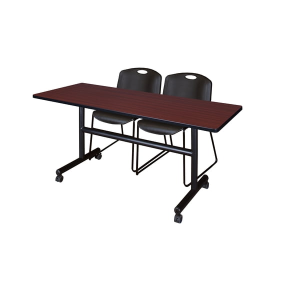 60" x 30" Flip Top Mobile Training Table- Mahogany and 2 Zeng Stack Chairs- Black