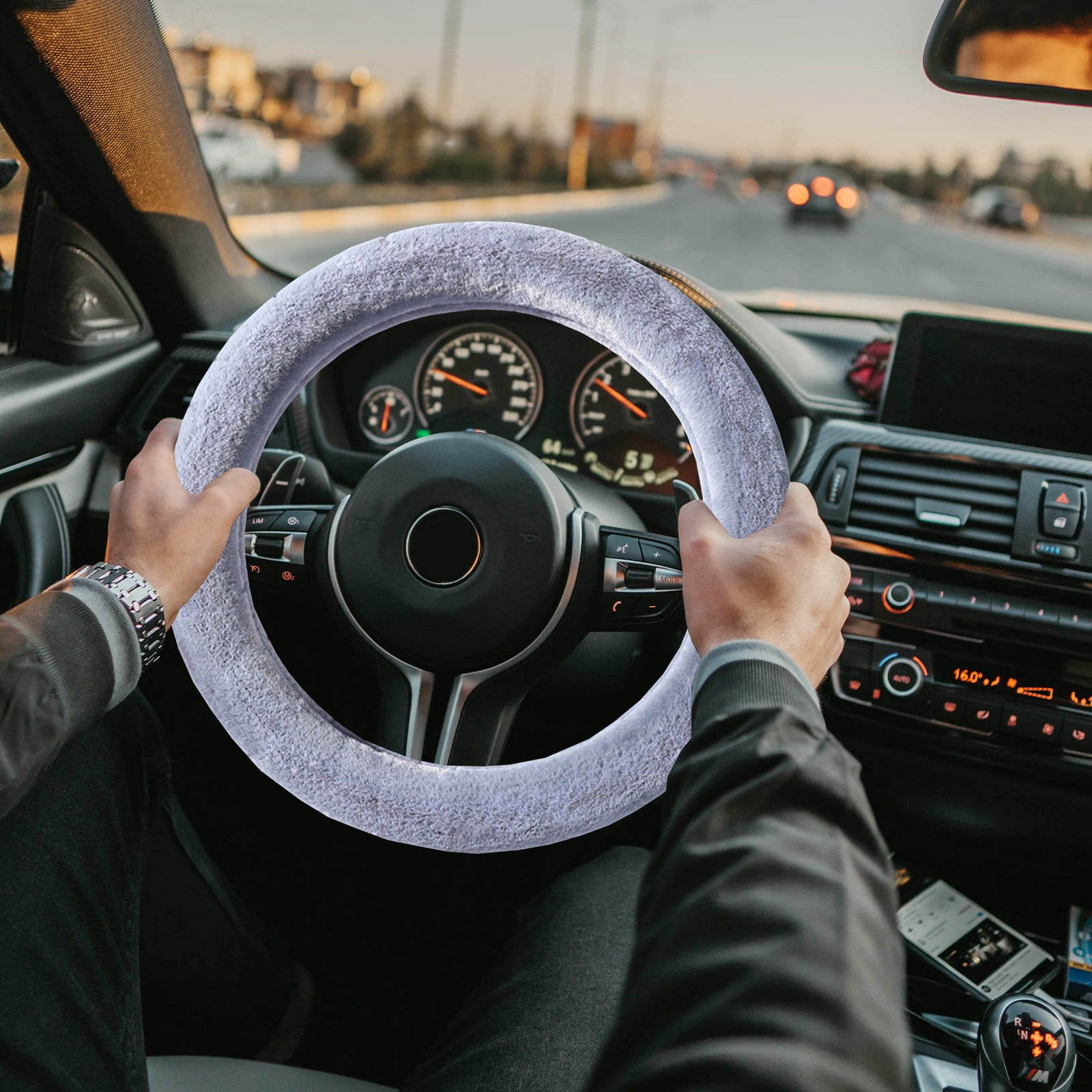 AU Luxury Fluffy Winter Car Steering Wheel Cover for Women Soft Warm Plush Cute Auto Accessories for Vehicle, Sedan, Universal, Fuzzy, Anti Slip, Black, 14in, Standard Size 14.5-15"(37-38cm)