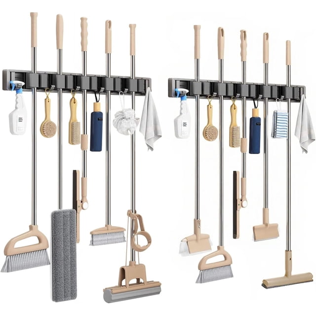 Organizador Escobas,Porta Escobas y Trapeadores Pared,5 Soportes Ajustables 6 Ganchos Deslizables,Adecuado para Cocinas Exteriores Dormitorios Equipos de Jardín Herramientas